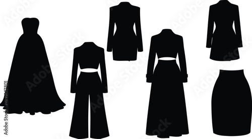 Collection of six elegant women's fashion silhouettes, black vector icons of ball gowns, blazer dresses, and stylish co-ord sets isolated on white.