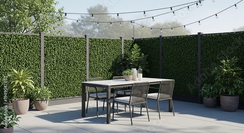 A clean and contemporary outdoor terrace featuring a dining table set against a tall green hedge privacy wall. Decorative string lights hang overhead, creating a perfect setting for backyard entertain