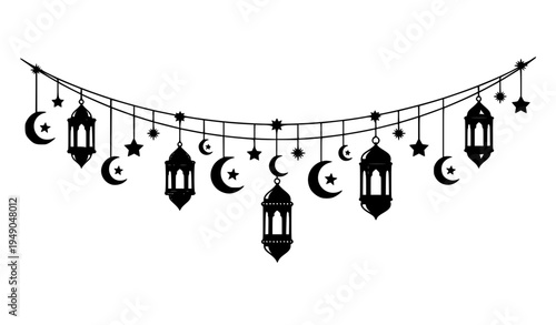 Islamic Ramadan garland with lanterns crescent moons and stars vector illustration