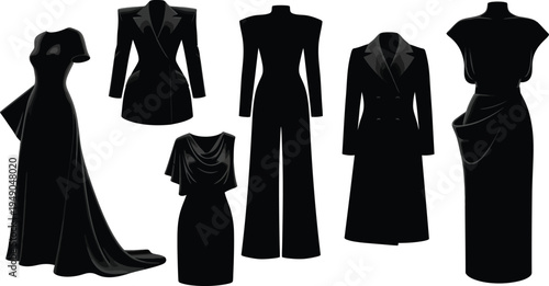 Collection of six elegant women's fashion silhouettes, black vector icons of evening gowns and formal business suits isolated on white.