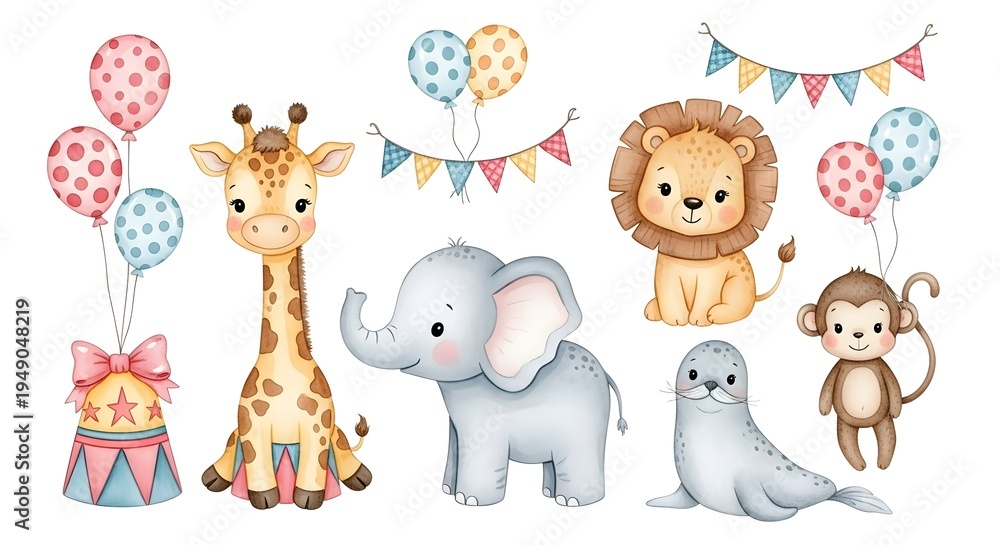 Fototapeta premium Cute circus animals set, watercolor illustrations for nursery. Baby giraffe, lion, elephant, seal and monkey with balloons and garlands. Hand drawn circus clipart collection isolated on white.