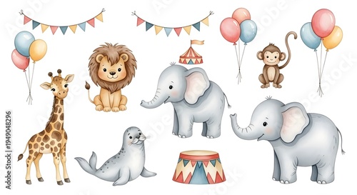 Cute circus animals set, watercolor illustrations for nursery. Baby giraffe, lion, elephant, seal and monkey with balloons and garlands. Hand drawn circus clipart collection isolated on white.