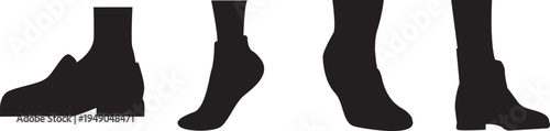 Collection of side view silhouettes of legs isolated on transparent white background.