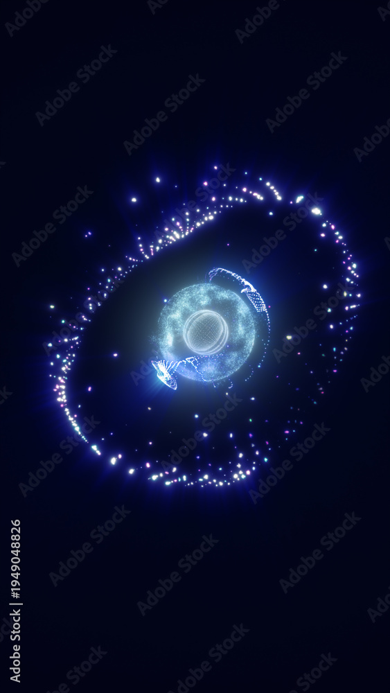 Obraz premium Futuristic blue energy core surrounded by orbiting particles, abstract digital sphere floating in dark space