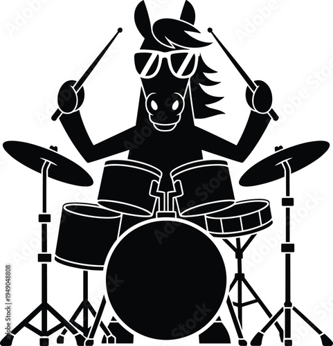 Cool cartoon horse mascot playing drum set wearing sunglasses black and white vector silhouette for rock music and band design