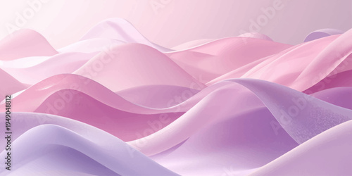Soft pink silk and satin fabric creates a luxury background with smooth flowing waves, delicate rose petals, and a light purple texture design