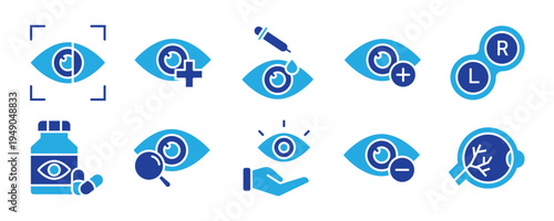 Ophthalmology line editable icon set. Contain icons related to medical eye care, optometry, vision correction, and more. Editable stroke. Vector illustration