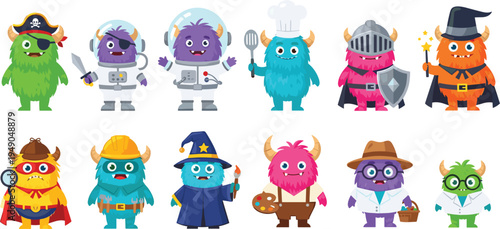 Cute Cartoon Monster Characters with Different Professions Including Pirate Astronaut Chef Knight Wizard Artist Scientist and Superhero Fantasy Mascot Vector Set