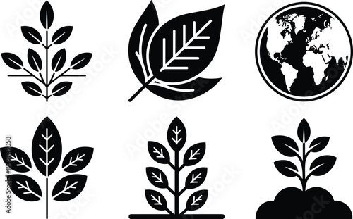 Detailed eco friendly leaf icons and world globe silhouettes for environmental sustainability projects, nature conservation symbols, and organic brand identity.