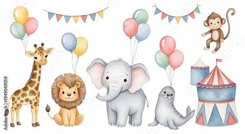 Cute circus animals set, watercolor illustrations for nursery. Baby giraffe, lion, elephant, seal and monkey with balloons and garlands. Hand drawn circus clipart collection isolated on white.