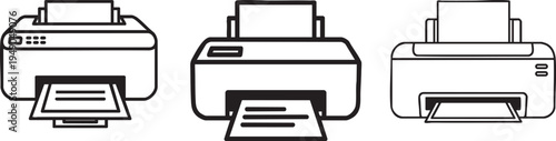 Three black and white printer with paper output office equipment technology