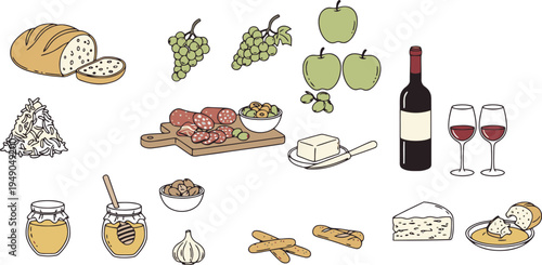 An assortment of delicious food and drink items perfect for a delightful European meal or picnic