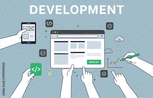 Collaborative team working on web and app development with various digital tools and interfaces