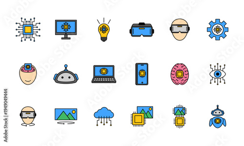 Naklejka AI and Technology Icons Collection Set, Artificial Intelligence and Technology Vector Elements