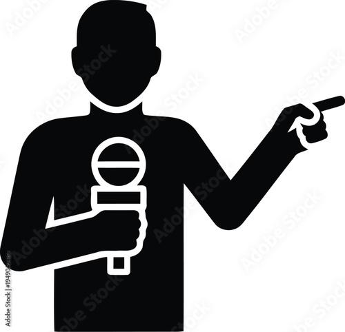 Journalist with microphone pointing with finger, reporter, interview, news, broadcasting