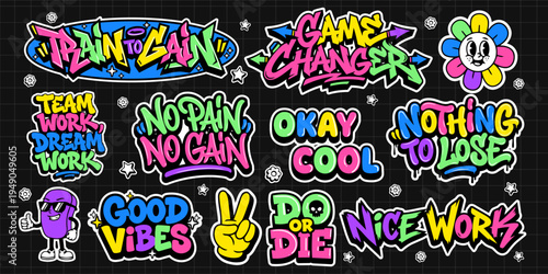 A set of colorful graffiti art sticker illustrations. Cool groovy retro sticker pack vector illustration