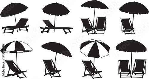 Beach Chairs and Umbrellas Silhouette Set for Summer Vacation