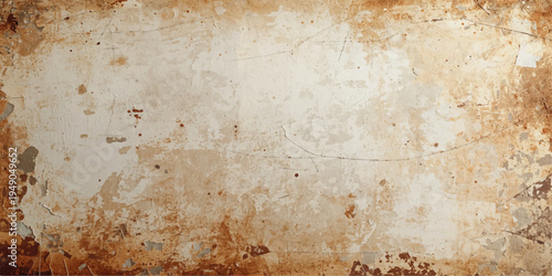 A vintage brown parchment frame surrounds an aged and rusty metal background plate with a worn, grungy texture and stained antique surface design