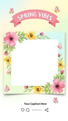 Floral springtime frame with pink and yellow flowers butterflies and banner