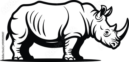 Powerful rhino vector illustration standing rhinoceros line art wild animal silhouette black and white safari mascot isolated on white background