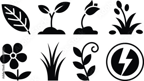 Set of eco friendly leaf icons, growing plants, flowers, and renewable energy symbols for environmental sustainability, organic branding, and nature conservation.