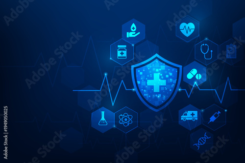 healthy care medical technology with icon blue background. Heart pulse and heartbeat science wallpaper. hospital banner concept. vector illustration fantastic technology
