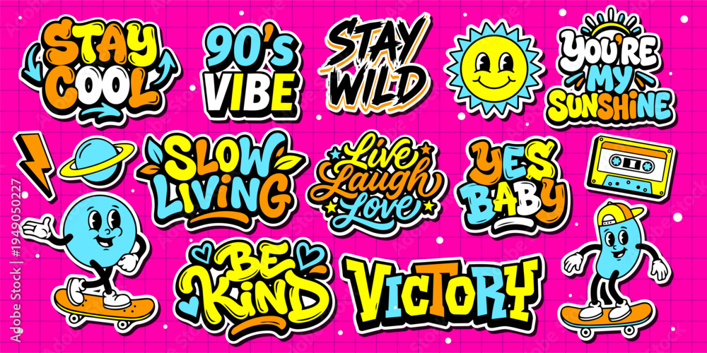 Obraz premium A set of colorful graffiti art sticker illustrations. Cool groovy retro sticker pack vector illustration