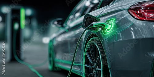 Close-up of an electric car connected to a charging station, green light symbolizing charging. Hologram.