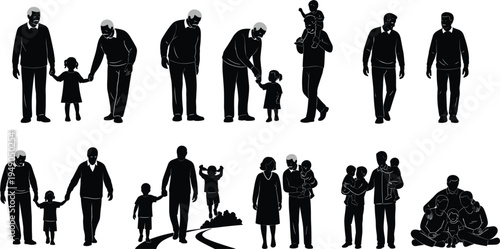 Family Silhouette Collection Featuring Parents Children Walking Holding Hands Carrying Kids and Loving Family Moments Black Silhouette People Vector Set