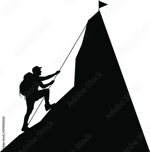 Silhouette of a determined hiker climbing a steep mountain peak with a rope and flag to achieve success and goals