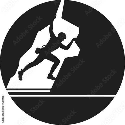 Silhouette of a rock climber scaling a steep mountain cliff inside a circle for adventure sport logo and success concept