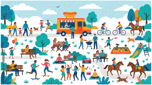 Outdoor park activities with people enjoying food, sports and relaxation