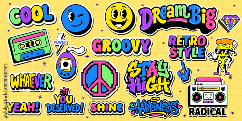 A set of colorful graffiti art sticker illustrations. Cool groovy retro sticker pack vector illustration