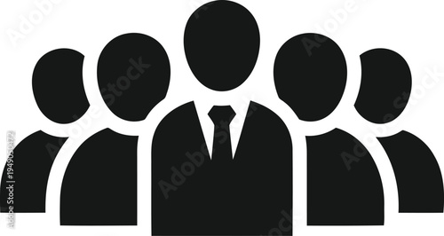 Group of business professionals depicted in a simple iconic style representing teamwork leadership and corporate staff