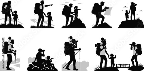 Father and Child Hiking Adventure Silhouette Set Featuring Backpacking Parenting Moments Exploring Mountains Using Map Photography and Outdoor Family Travel Vector Collection