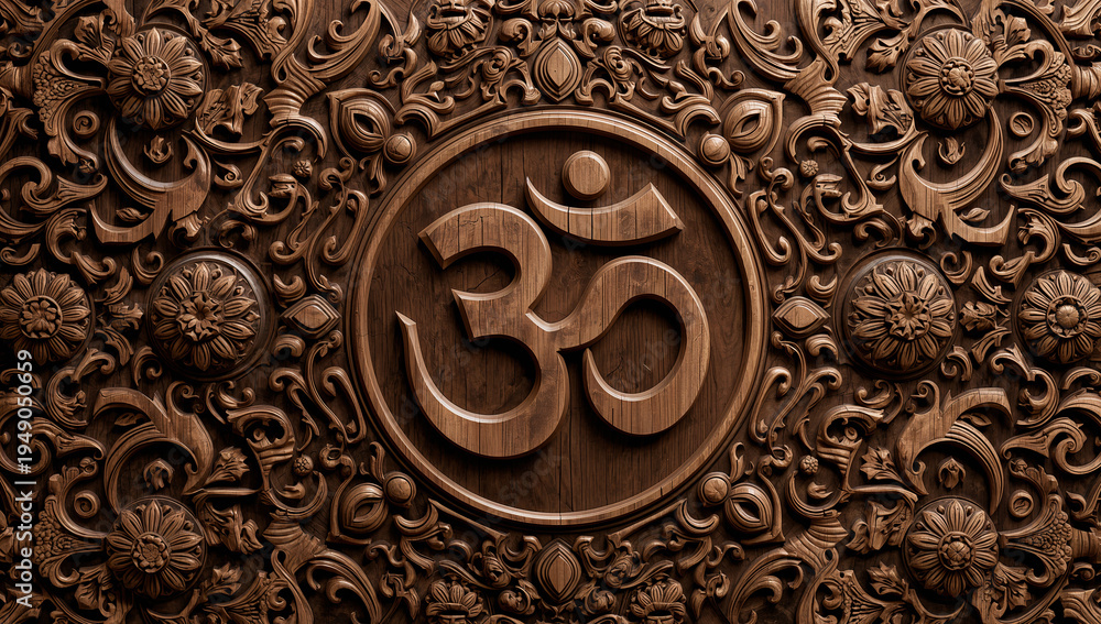 Obraz premium Ancient Om Wood Carving Relief – Asian Sacred Ornament Fusion with Thai Kranok, Lotus, Mandala, Clouds and Waves