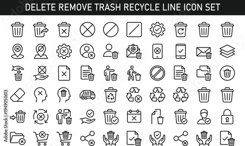 Delete remove trash recycle line icon set with waste management bin cleanup garbage disposal minimal outline vector icons collection isolated background