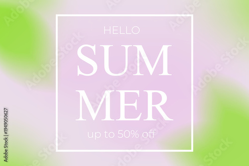 Summer sale. A banner with blurred leaves and white text in a frame on a light lilac background. 