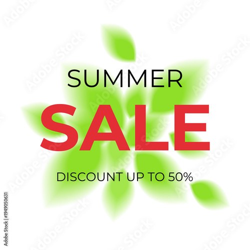Summer sale. A banner with blurred leaves and text on a white background.
