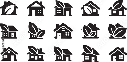 Eco Friendly Home Icons with Green Leaves Symbols