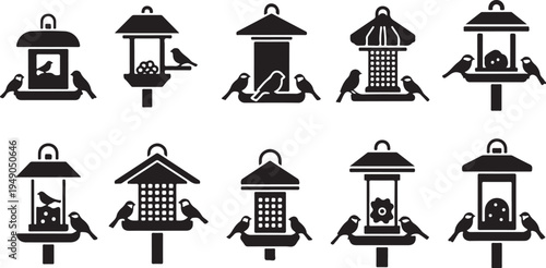 Birds and bird feeders in various designs and shapes