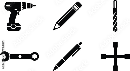 Construction and office tools icon set featuring power drill pencil drill bit wrench pen and cross wheel spanner for workshop and professional repair