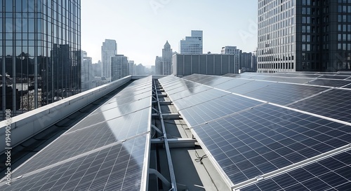 Solar panels installed on a modern city rooftop overlooking a dense skyline of tall office towers