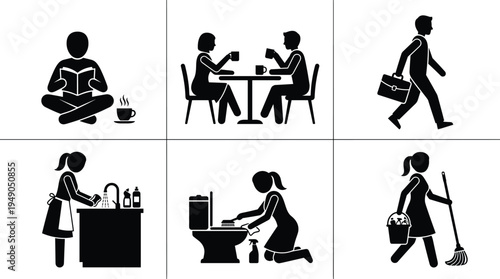  Daily routine and housekeeping icons set featuring people reading drinking coffee going to work washing dishes cleaning toilet and mopping floor isolated on white