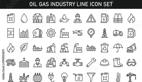 Oil gas industry line icon set with petroleum energy refinery fuel production minimal outline vector icons collection isolated background