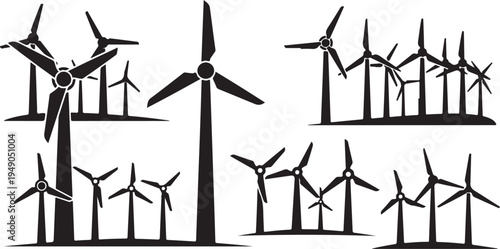 Wind Turbines Renewable Energy Farm Illustration Black Silhouette
