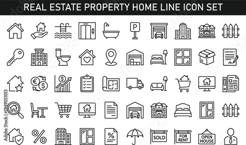 Real estate property home line icon set with house rent sale mortgage apartment housing minimal outline vector icons collection isolated background