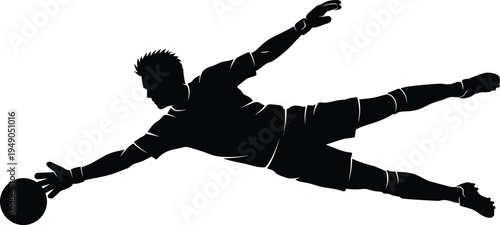 Soccer goalkeeper silhouette jumping to save the ball during football match competition isolated on white background for sports poster and championship design
