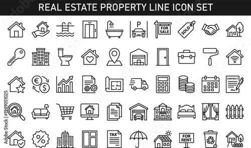 Real estate property line icon set with house home rent sale mortgage construction minimal outline vector icons collection isolated background