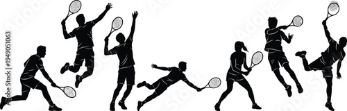 Tennis players silhouettes collection featuring male and female athletes hitting serve volley and smash shots for sports competition design isolated on white